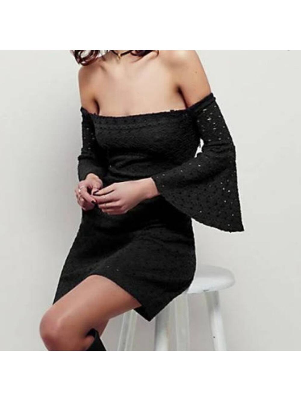 Free People Sophie Black Eyelet off the shoulder boho mini dress Size Large
